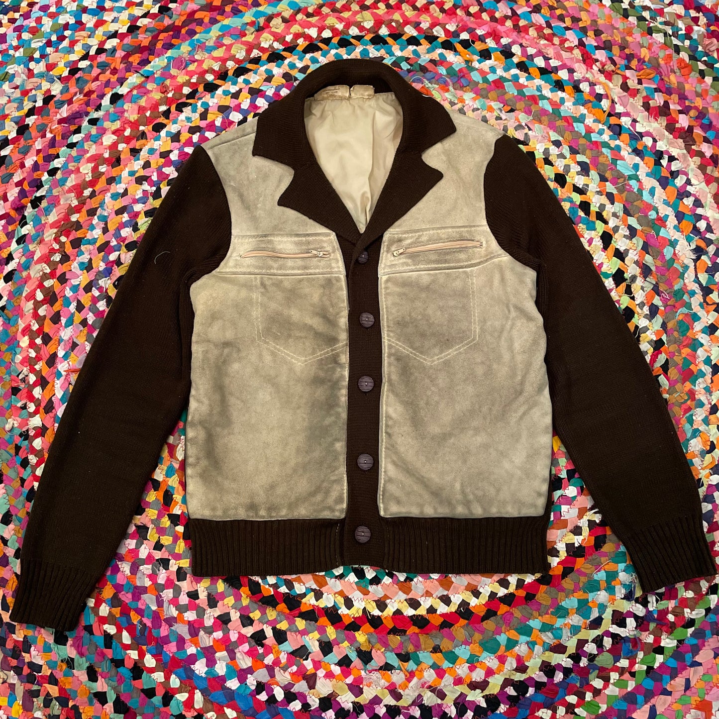 1980s Cowhide/Acrylic Knit Button-Up Sweater