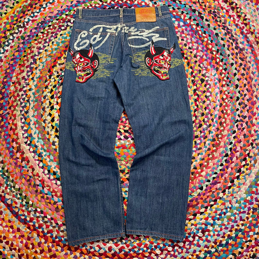 2008 Ed Hardy Embroidered Baggy Jeans (36x34)