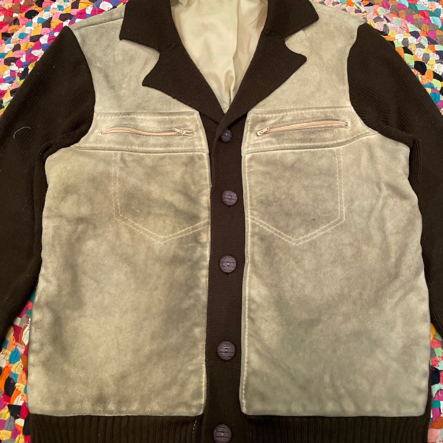 1980s Cowhide/Acrylic Knit Button-Up Sweater